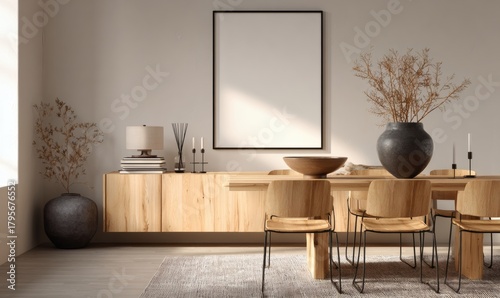  Empty poster template in stylish dining room interior with wooden chairs, decor elements, and soft lighting on neutral wall background for layout design. 3D Rendering 