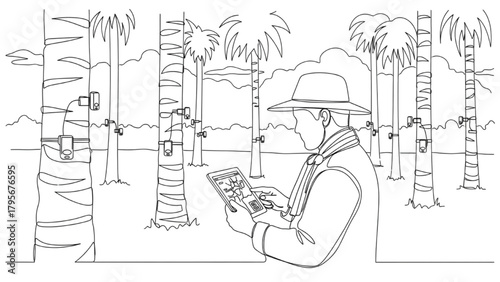 Precision Agriculture Coconut Farming Line Art with Farmer Using Tablet and Tree Sensors