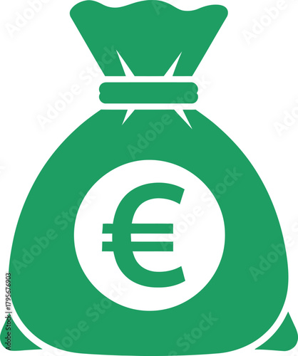 Green money bag with euro symbol for finance wealth and currency transactions represents business growth and investment opportunities isolated on white background