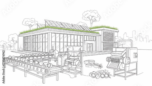 Eco-Friendly Coconut Processing Factory Line Art with Solar Panels