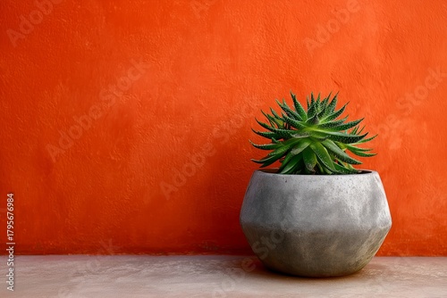 Modern Succulent Plant in a Gray Pot Against a Vibrant Orange Wall