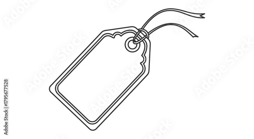 Blank outline of a rectangular gift tag with a ribbon tied through a hole