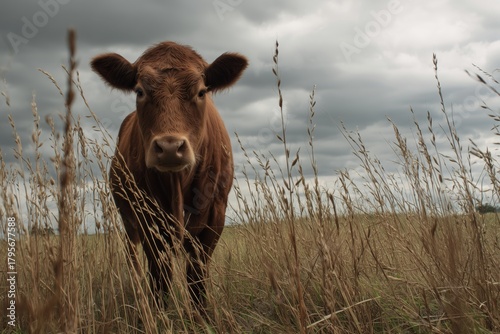 Brown Cow Standing in Tall Grass Under Cloudy Sky in Rural Landscape