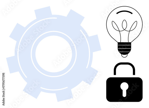 Gear symbolizing process, lightbulb for ideas, padlock for security. Ideal for innovation, technology, creativity, protection, efficiency brainstorming and problem-solving. Simple flat metaphor