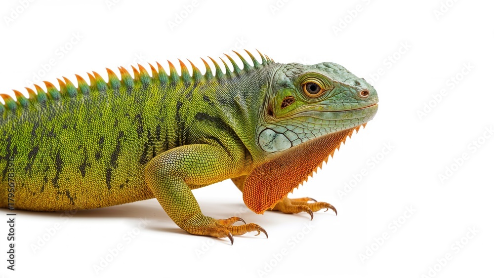 Fototapeta premium Colorful iguana with vibrant green and orange scales, detailed texture, and spiny crest, isolated on white background.
