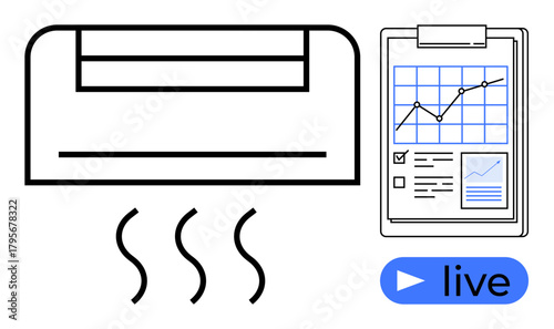 Air conditioner emitting airflow beside clipboard showing performance analytics, charts, and live status. Ideal for climate control, efficiency monitoring, energy savings, technology, productivity