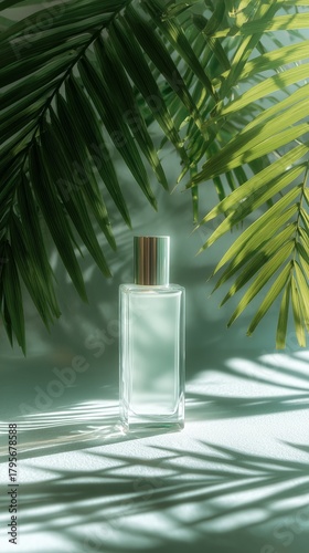 Clear Perfume Bottle Surrounded by Green Palm Leaves in Soft Light