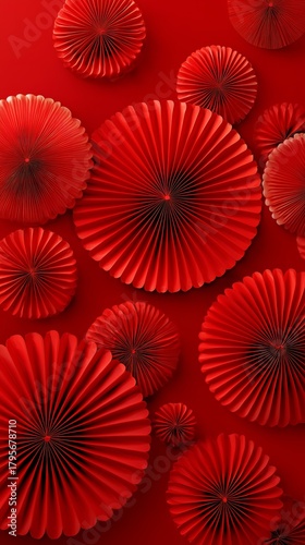 Red Decorative Paper Fans Arranged on a Vibrant Background, Suitable for Cele...