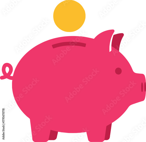 Pink piggy bank receiving golden coin symbolizing savings financial growth investment wealth accumulation money deposit isolated on white background