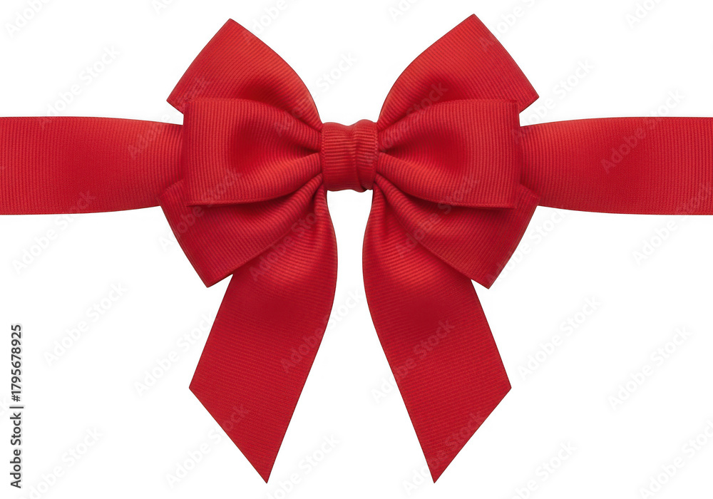 Fototapeta premium Red satin ribbon tied into a perfect bow, isolated on transparent background grainy