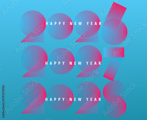 “Modern Happy New Year 2026, 2027, and 2028 greeting card collection featuring vibrant blue gradient backgrounds with stylish rounded pink-blue numerals designed for festive holiday celebrations
