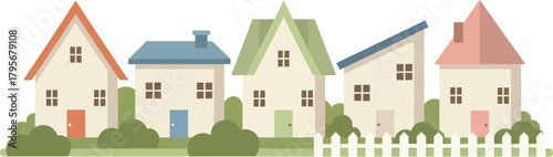 Five Varied Houses in a Lush Garden, Illustrative Style, Daytime View, Community Concept