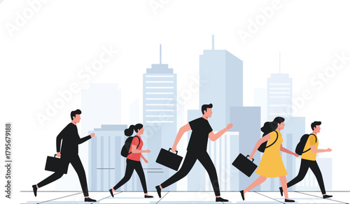 Business Professionals Running in Cityscape - Dynamic Morning Commute - Digital Illustration - Urban Environment Perspective