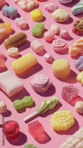 Colorful Assortment of Candies Displayed on Pink Background for Festive Celeb...