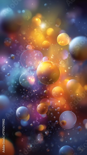 Bright Abstract Bubbles Floating in a Colorful Space Background With Swirling...