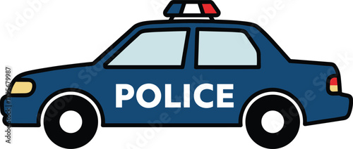 Cartoon police car illustration, dark blue vehicle with red-blue lights, bold “POLICE” lettering, children’s educational vector, law enforcement icon