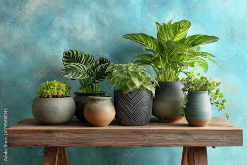 Various Potted Plants Arranged on a Wooden Table Against a Colorful Background