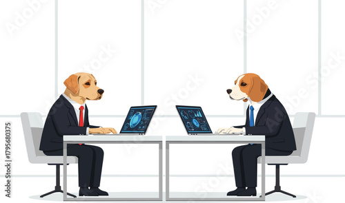 Business dogs in suits analyzing data on laptops in modern office, symbolizing teamwork, corporate culture, and technology