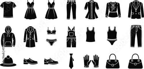 Clothing icon set, fashion silhouettes, casual and formal wear, accessories vector, wardrobe elements, outfit planner, apparel sketch, grid layout, black icons
