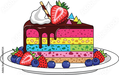Colorful layered cake slice, chocolate glaze topping, fruit and candy decorations, dessert vector illustration, sweet treat icon, festive pastry design