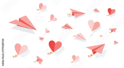 A deluge of pink paper airplanes and heart shaped valentines flying through the air