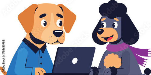 Cartoon dogs using laptop together in cozy setting, symbolizing teamwork, learning, and technology in friendly collaboration