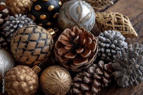 Decorative Golden and Silver Ornaments With Pine Cones for Festive Season Cel...