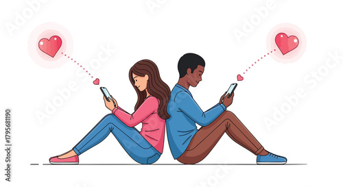 Young couple connected by love through their smartphones while sitting back to back