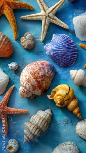 Colorful Seashells and Starfish Arranged on a Blue Wooden Surface by the Beach