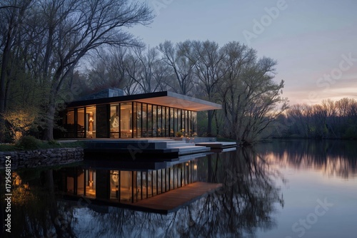 Modern House by Serene Lake Surrounded by Lush Trees at Sunrise Showcasing Tr...