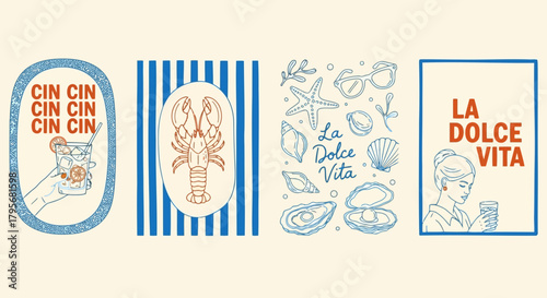 Four vintagestyle illustrations of italian summer lifestyle elements