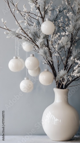 White Vase With Branches Next to Decorated Christmas Tree and Ornaments in a ...
