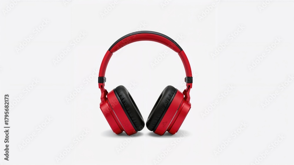 Fototapeta premium Red headphones with black ear cushions isolated on a white background.