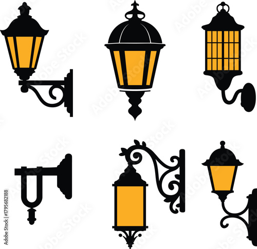 Vintage wall lantern set, glowing orange lights, ornate mounting brackets, classic outdoor fixtures, decorative lighting vector, antique style illustration