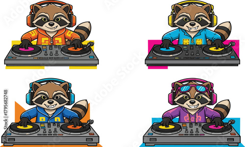 Cute cartoon raccoon DJs performing energetic music mixes on colorful turntables in a vibrant modern vector illustration