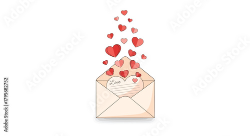 An open envelope overflows with a cascade of red and pink hearts symbolizing love and affection