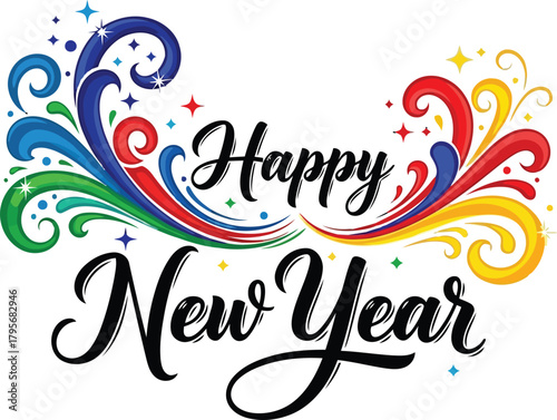 Happy New Year text with colorful swirls and stars
