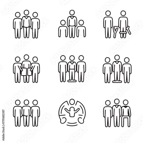Line art icons depicting diversity, equity, leadership, clarity, teamwork, and employee wellbeing