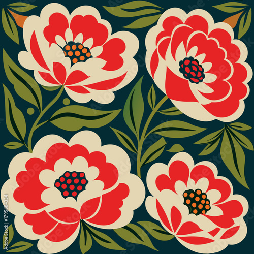 Vibrant red and blue folk art floral pattern with green leaves