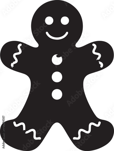 Simple solid black gingerbread man smiles with white dots on a transparent backdrop