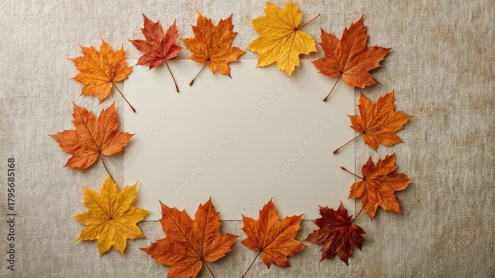 Fototapeta premium Autumn leaves arranged in a circle leaving space in the center on a neutral background. Fall foliage decor concept. Seasonal nature display.