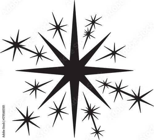 A central black starburst bursts outward amidst smaller star shapes on a white background