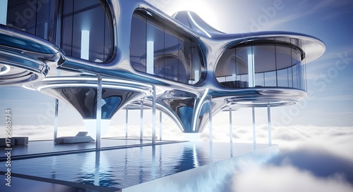 Futuristic Sky Villa with Glass Architecture and Infinity Pool Above the Clouds