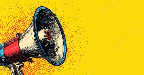 A cartoonish red and blue megaphone is on a yellow background