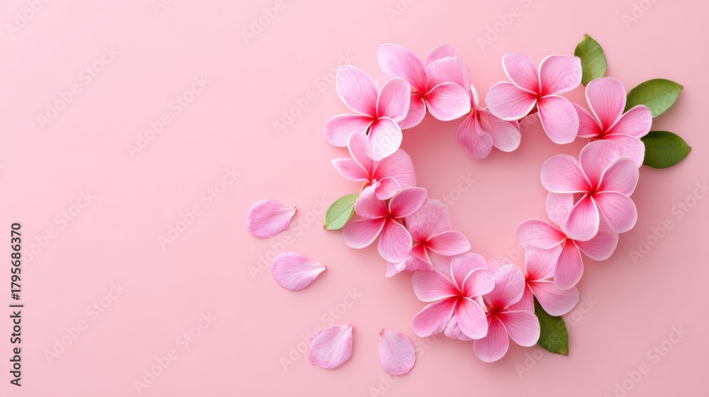 Fototapeta premium A Beautiful Arrangement of Pink Flowers Forming a Heart on a Soft Pink Background, Perfect for Expressions of Love and Affection