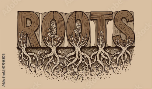 Wooden typography roots with leaves and soil letters