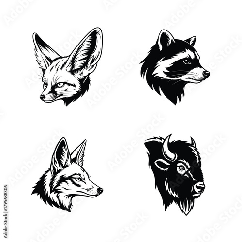 Four animal head illustrations featuring a fennec fox raccoon coyote and bison in black and white style
