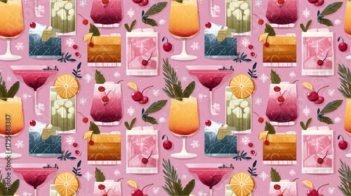 Seamless Pattern of Modern Illustration Christmas Holiday Drinks on Pink Background, Festive Cocktails and Mocktails for Wrapping Paper and Apparel