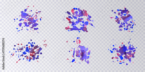 Collection of blue paint splats isolated on transparent background. Set of blue and red  decorative splashes. Art decorations. Paint spots. Watercolour splashes.Design elements. Vector illustration.