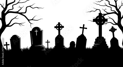 Graveyard silhouette. This image shows a graveyard with various tombstones and crosses in silhouette form, creating a spooky and eerie atmosphere. Vector clipart illustration design